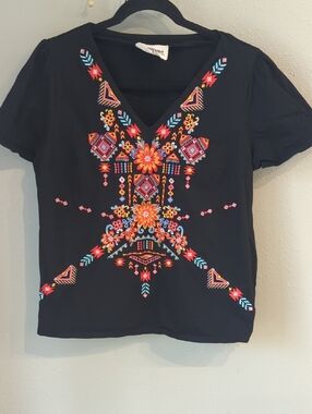 Savanna Jane Boho Embroidered Top Black Aztec Western Festival Country